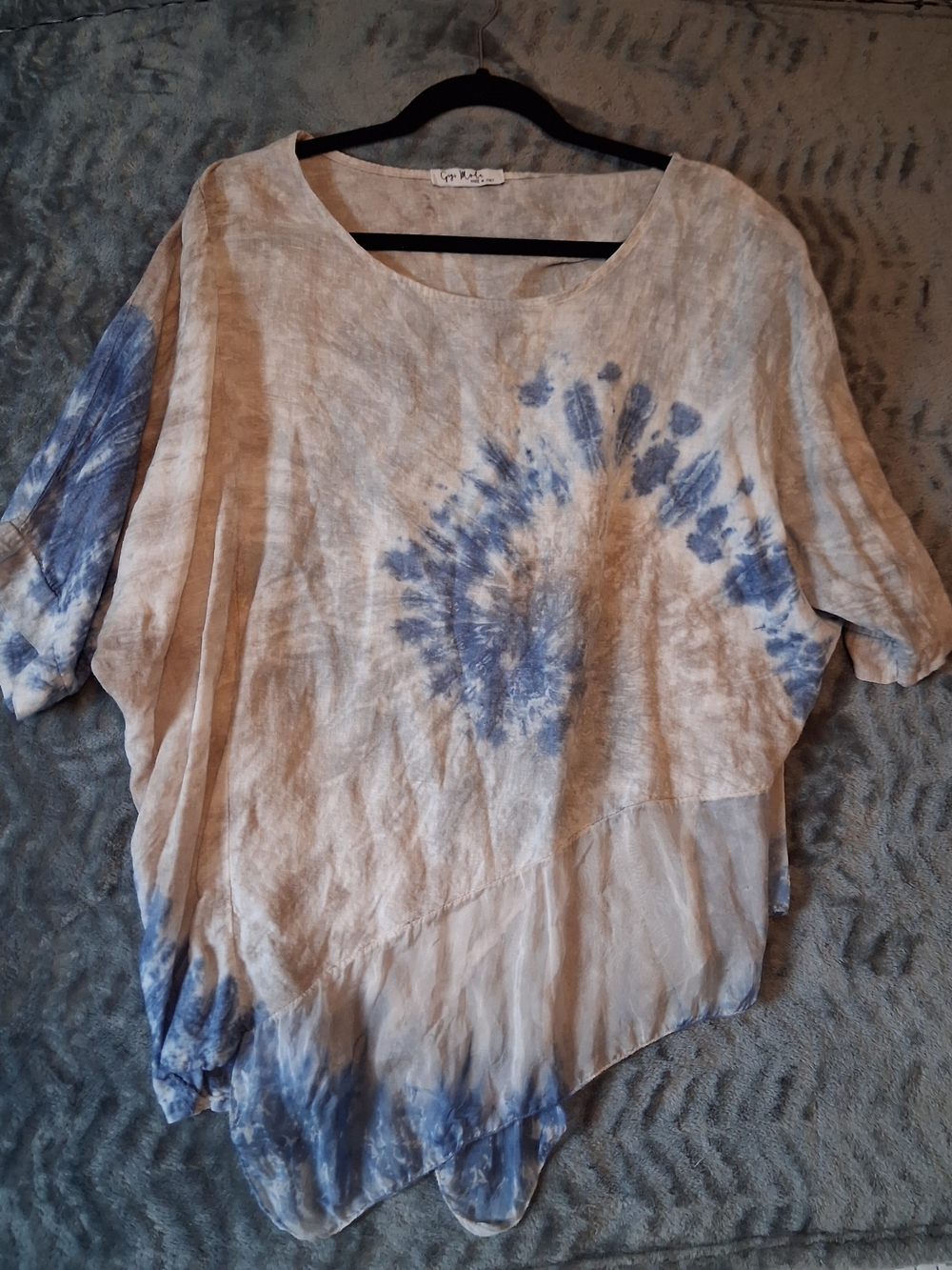 Gigi Moda Top Women's Large Blue Gray Linen Silk Blend Tie-Dye Tunic Made Italy